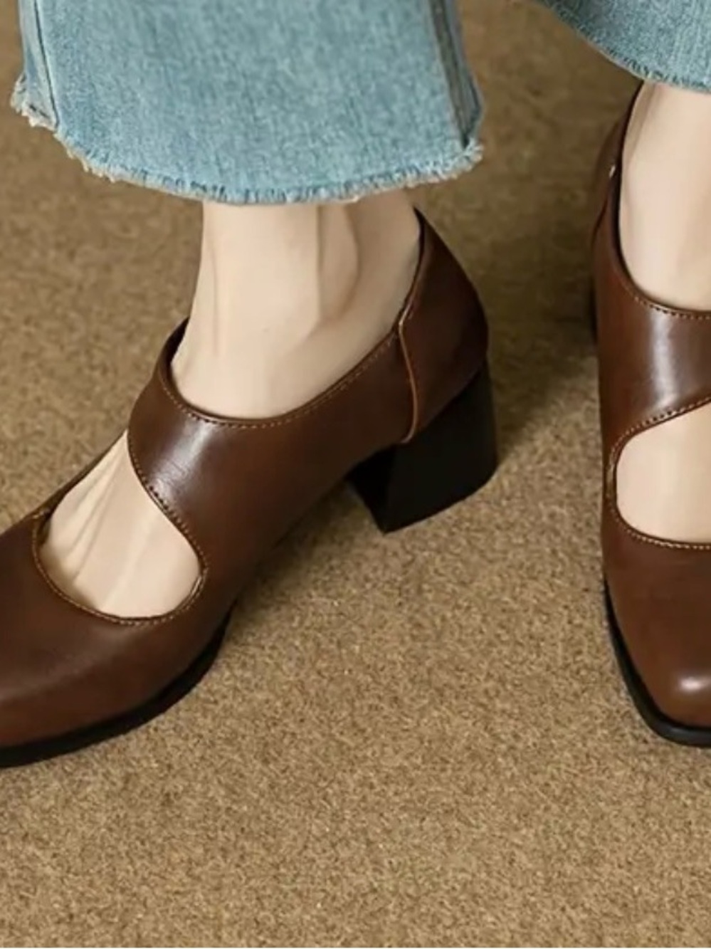 Classic Mary Jane Block Heel Pumps - Brown